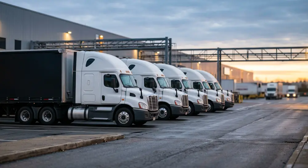 A row of A Star Trucks semi trucks parked at a freight terminal at dawn