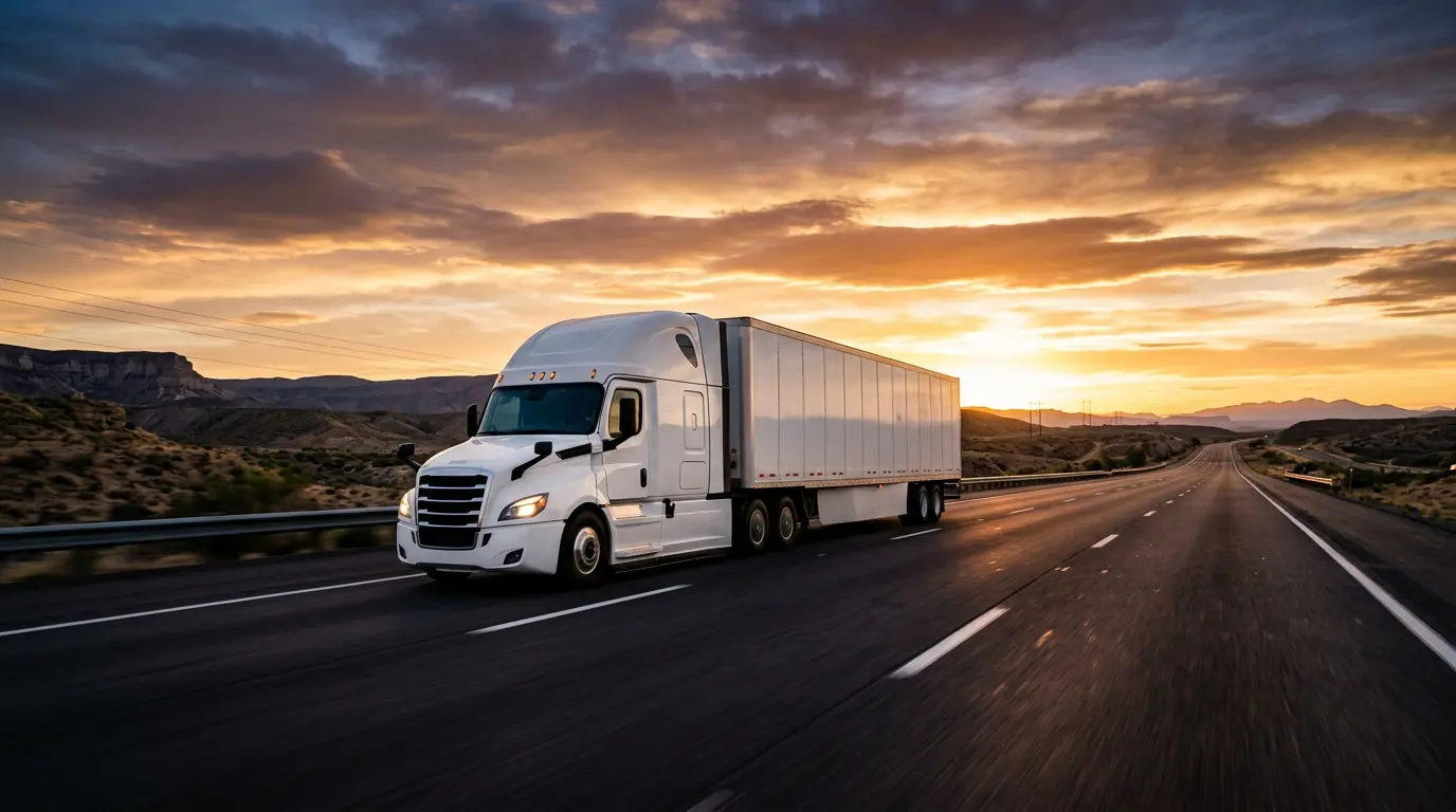 White A Star Trucks semi truck driving on an open highway at sunset